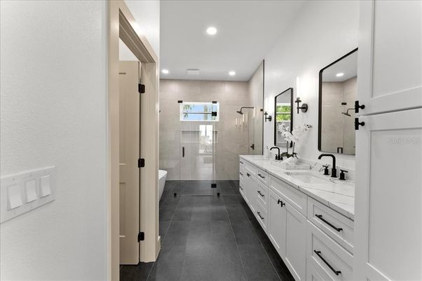 Bathroom, Dual Sink Vanities, Glass Shower, Interior, Recessed Lighting