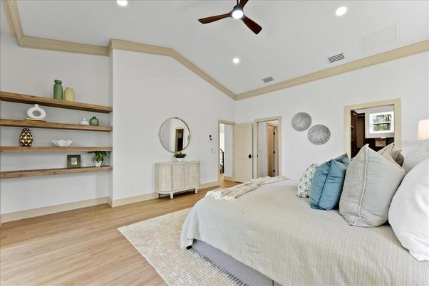 Bedroom, Interior, Recessed Lighting, Wood Texture Flooring
