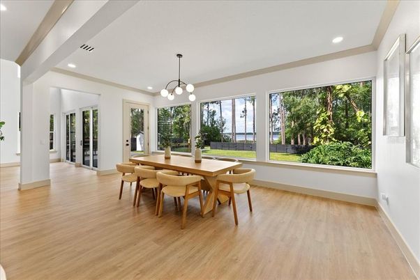 Dining room, Interior, Pendant Lights, Recessed Lighting, Wood Texture Flooring