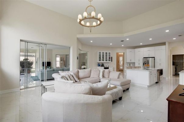Chandelier, Interior, Kitchen, Living room, Marble, Recessed Lighting, Stainless Steel Appliances