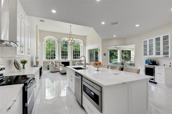 Chandelier, Interior, Kitchen, Living room, Marble, Recessed Lighting, Stainless Steel Appliances