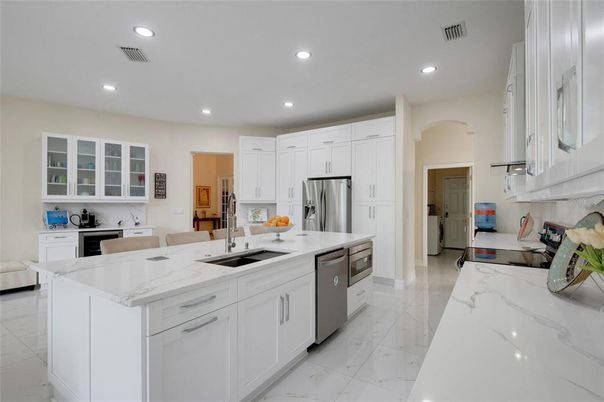 Interior, Kitchen, Marble, Recessed Lighting, Stainless Steel Appliances