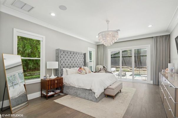 Bedroom, Chandelier, Interior, Recessed Lighting, Wood Texture Flooring
