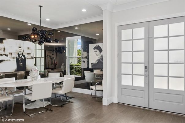 Dining room, Interior, Pendant Lights, Recessed Lighting, Wood Texture Flooring