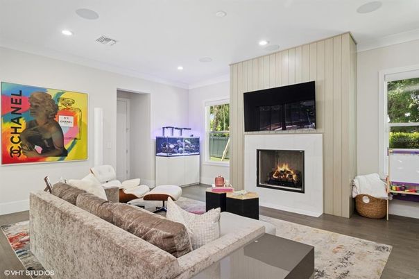 Fireplace, Interior, Living room, Recessed Lighting, Wood Texture Flooring