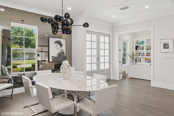Dining room, Interior, Pendant Lights, Recessed Lighting, Wood Texture Flooring