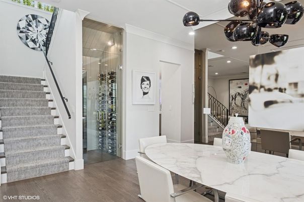 Dining room, Interior, Pendant Lights, Recessed Lighting, Wine Storage, Wood Texture Flooring