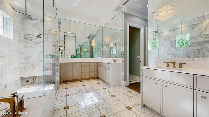 Bathroom, Chandelier, Dual Sink Vanities, Glass Shower, Interior, Marble, Marble Walls, Recessed Lighting