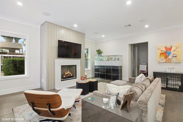 Fireplace, Interior, Living room, Recessed Lighting, Wood Texture Flooring