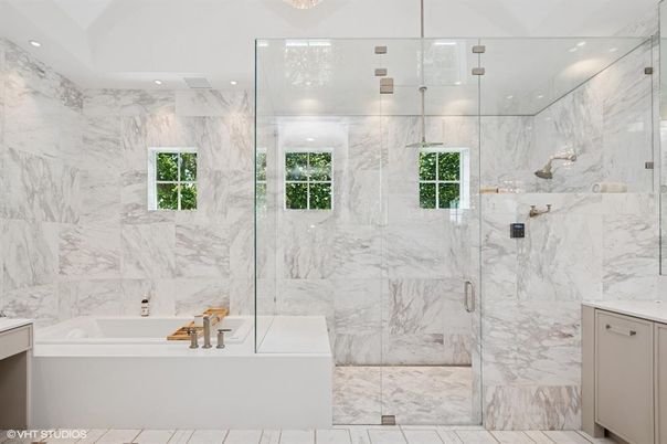 Bathroom, Glass Shower, Interior, Marble Walls, Recessed Lighting