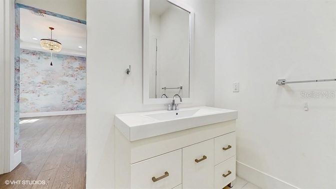 Bathroom, Chandelier, Interior, Recessed Lighting, Wood Texture Flooring
