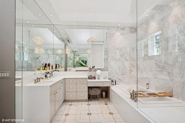 Bathroom, Chandelier, Dual Sink Vanities, Glass Shower, Interior, Marble Walls, Recessed Lighting
