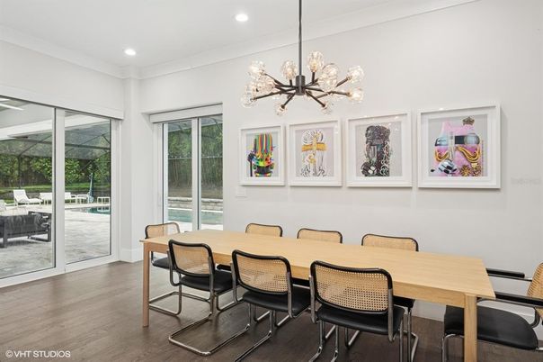Dining room, Interior, Pendant Lights, Recessed Lighting, Wood Texture Flooring