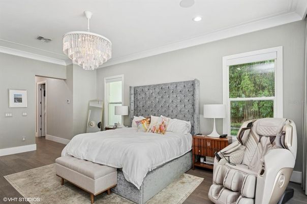Bedroom, Chandelier, Interior, Recessed Lighting, Wood Texture Flooring