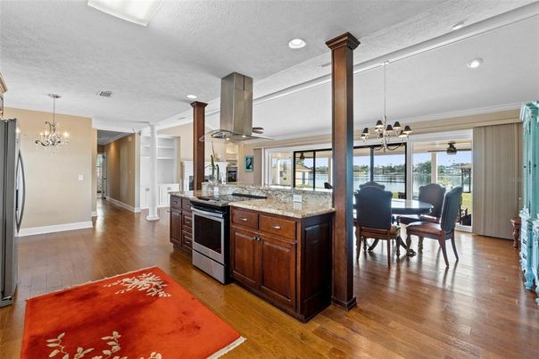 Chandelier, Dining room, Interior, Kitchen, Pendant Lights, Recessed Lighting, Wood Texture Flooring