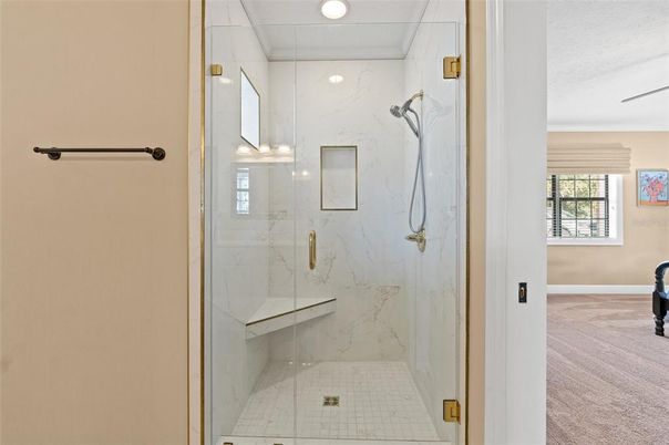 Bathroom, Glass Shower, Interior, Marble Walls, Recessed Lighting