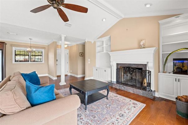 Chandelier, Fireplace, Interior, Living room, Recessed Lighting, Wood Texture Flooring