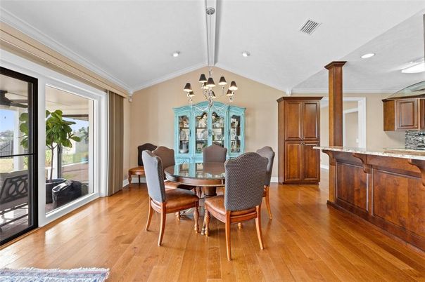 Chandelier, Dining room, Interior, Recessed Lighting, Wood Texture Flooring