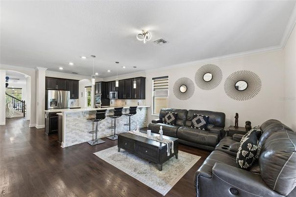 Interior, Kitchen, Living room, Pendant Lights, Recessed Lighting, Stainless Steel Appliances, Wood Texture Flooring