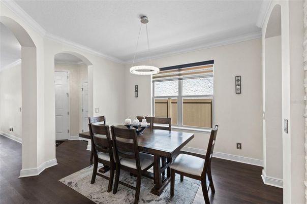 Dining room, Interior, Pendant Lights, Wood Texture Flooring