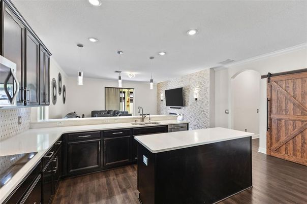 Interior, Kitchen, Pendant Lights, Recessed Lighting, Wood Texture Flooring