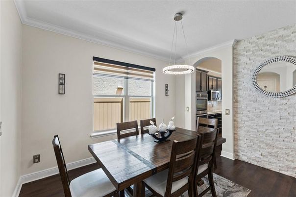 Dining room, Interior, Kitchen, Pendant Lights, Stainless Steel Appliances, Wood Texture Flooring