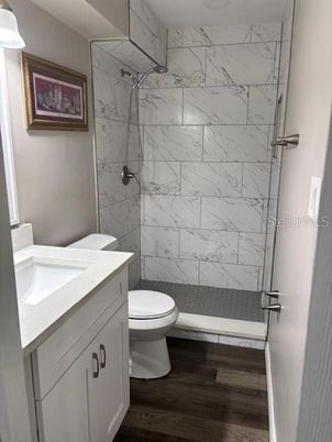 Bathroom, Interior, Marble Walls, Wood Texture Flooring
