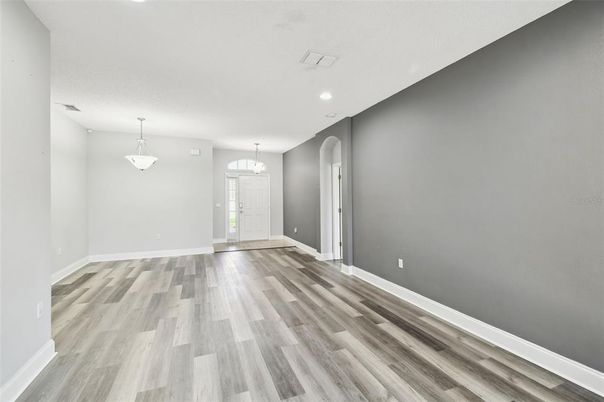Chandelier, Empty room, Interior, Pendant Lights, Recessed Lighting, Wood Texture Flooring