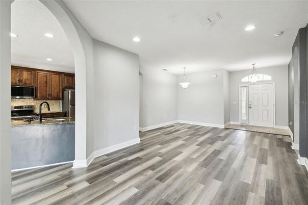 Chandelier, Interior, Kitchen, Pendant Lights, Recessed Lighting, Wood Texture Flooring