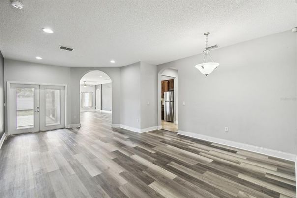 Empty room, Interior, Pendant Lights, Recessed Lighting, Wood Texture Flooring