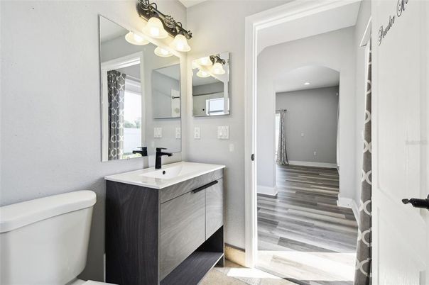 Bathroom, Interior, Recessed Lighting, Wood Texture Flooring