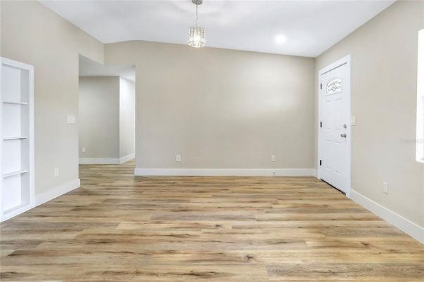 Empty room, Interior, Pendant Lights, Recessed Lighting, Wood Texture Flooring
