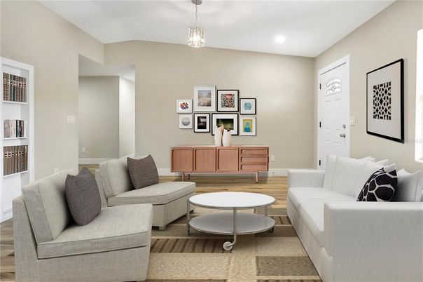 Interior, Living room, Pendant Lights, Recessed Lighting, Wood Texture Flooring