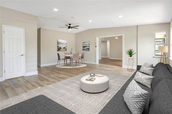 Dining room, Interior, Living room, Recessed Lighting, Wood Texture Flooring