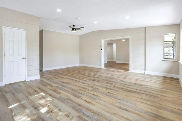 Empty room, Interior, Recessed Lighting, Wood Texture Flooring