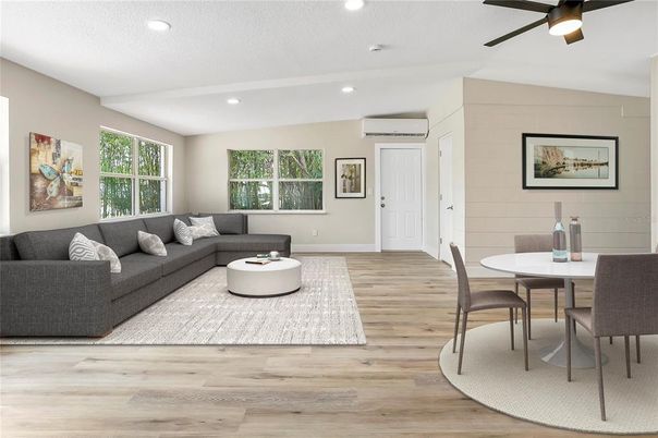 Dining room, Interior, Living room, Recessed Lighting, Wood Texture Flooring