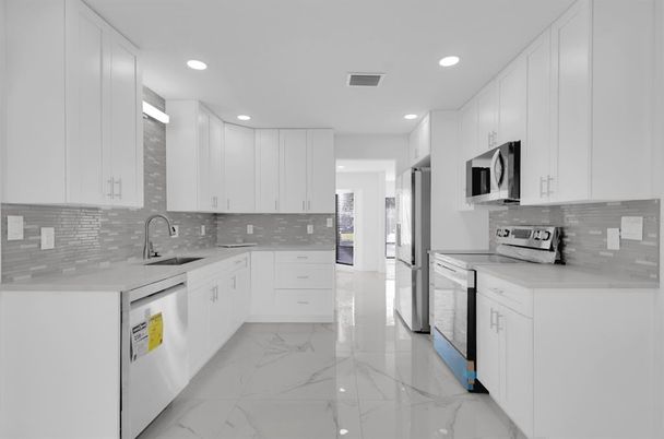 Interior, Kitchen, Marble, Recessed Lighting, Stainless Steel Appliances