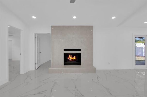 Empty room, Fireplace, Interior, Marble, Recessed Lighting