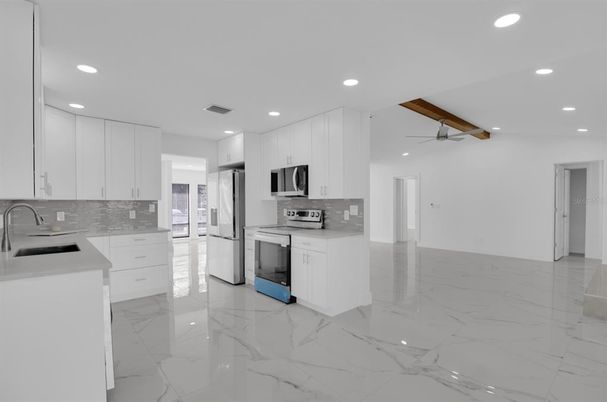 Interior, Kitchen, Marble, Recessed Lighting, Stainless Steel Appliances