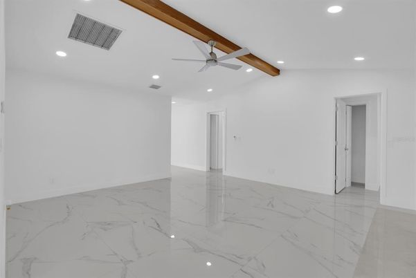 Empty room, Interior, Marble, Recessed Lighting, Wooden Beams