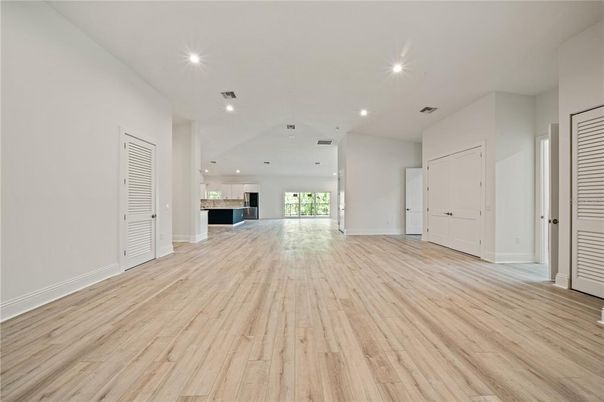 Empty room, Interior, Kitchen, Recessed Lighting, Wood Texture Flooring