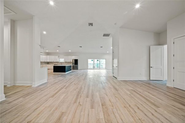 Empty room, Interior, Kitchen, Recessed Lighting, Wood Texture Flooring