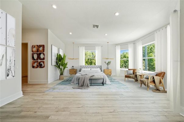 Bedroom, Interior, Pendant Lights, Recessed Lighting, Wood Texture Flooring