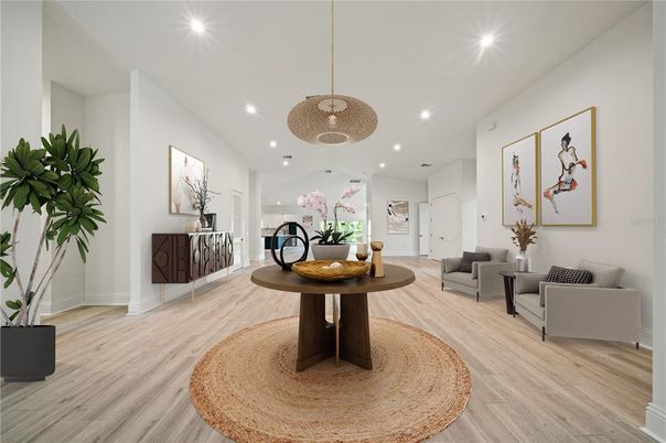 Interior, Living room, Pendant Lights, Recessed Lighting, Wood Texture Flooring