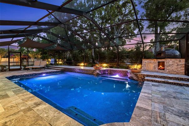 Fireplace, Glass Ceilings, Interior, Pool, Sun Room