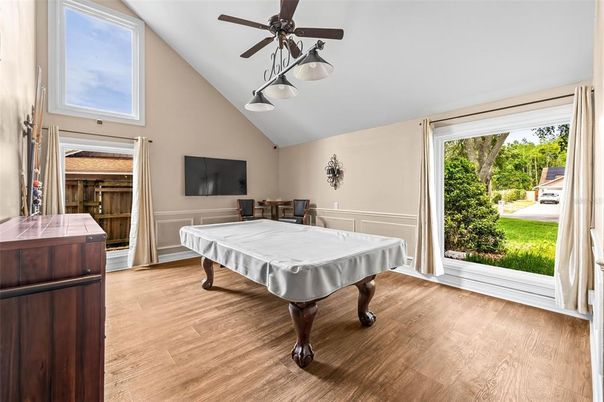 Billiard Table, Game Room, Interior, Pendant Lights, Wood Texture Flooring