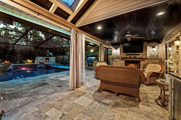Fireplace, Glass Ceilings, Interior, Pool, Sun Room