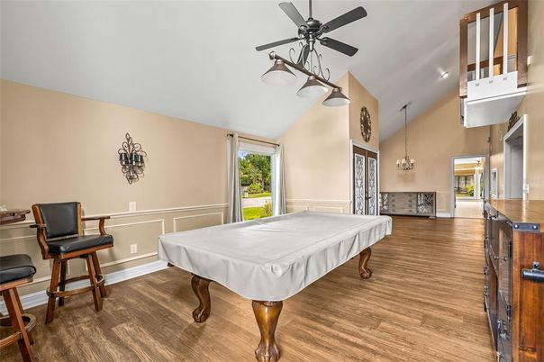 Billiard Table, Game Room, Interior, Pendant Lights, Wood Texture Flooring