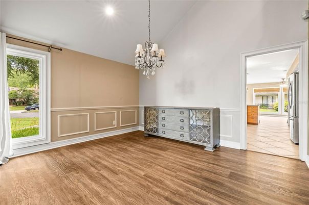 Chandelier, Empty room, Interior, Recessed Lighting, Wood Texture Flooring
