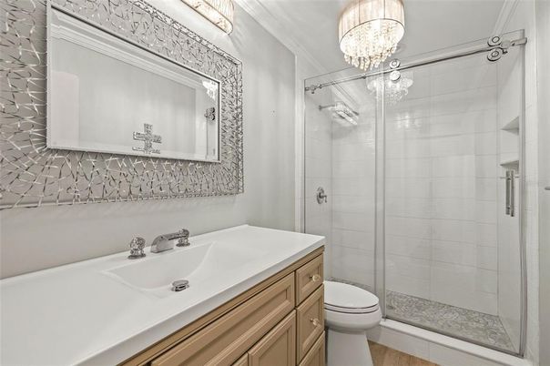 Bathroom, Chandelier, Glass Shower, Interior, Wood Texture Flooring